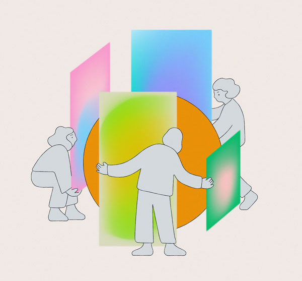 Abstract illustration featuring three outlined human figures interacting with colorful geometric shapes, including an orange circle and overlapping pastel panels. Created for AWS TechCamp 2025 main landing page.