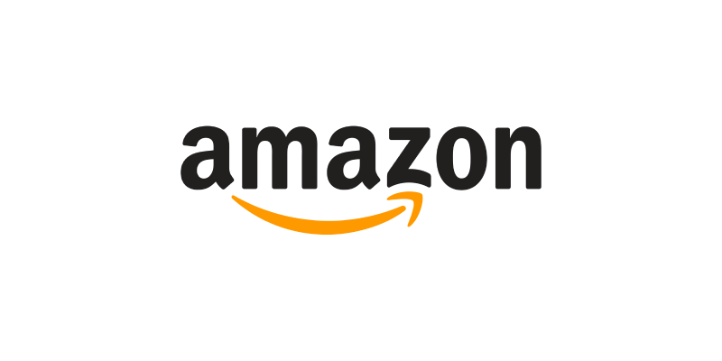Amazon logo with black text and a curved orange arrow forming a smile under the word.