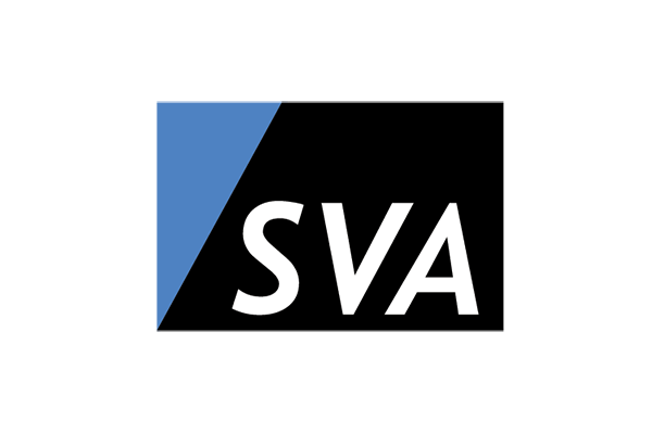 Logo with the letters 'SVA' in white on a black rectangular background, featuring a blue triangular accent in the top left corner.
