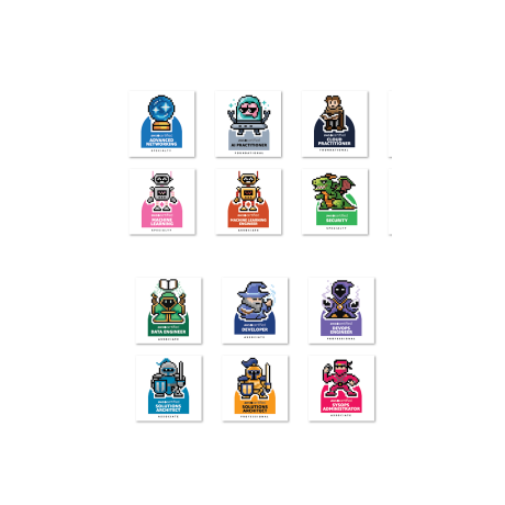 A grid of AWS Certified character stickers, each representing different AWS certification roles such as solutions architect, developer, and security. Illustrated in a pixel-art style, the stickers display unique AWS-themed mascots and labels for each certification.