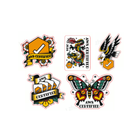 A collection of tattoo-style AWS Certified stickers featuring designs such as banners, a dragon, an eagle, and a butterfly, displayed on a white circular background.