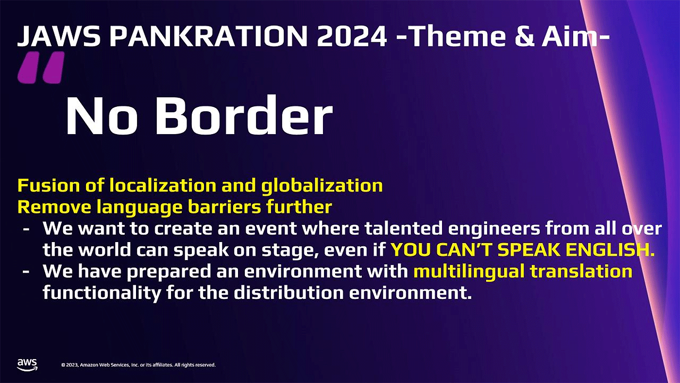 Promotional image for JAWS PANKRATION 2024 featuring the theme 'No Border.' The graphic explains the event's aim to remove language barriers, encouraging talented engineers from around the world to participate regardless of English proficiency, and highlights multilingual translation functionality for the event distribution environment. The design features bold, white and yellow text on a purple gradient background.