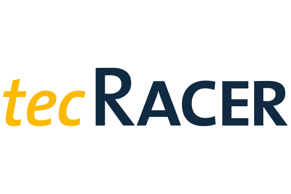 Logo for tecRACER, featuring the word 'tec' in yellow and 'RACER' in dark blue.
