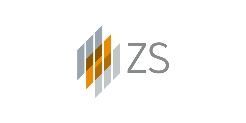 "ZS logo with stylized orange, gray, and brown diagonal bars forming a geometric pattern."