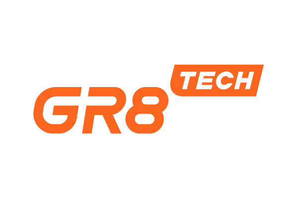 Orange text logo reading "GR8 TECH" with "TECH" in a slanted rectangle.