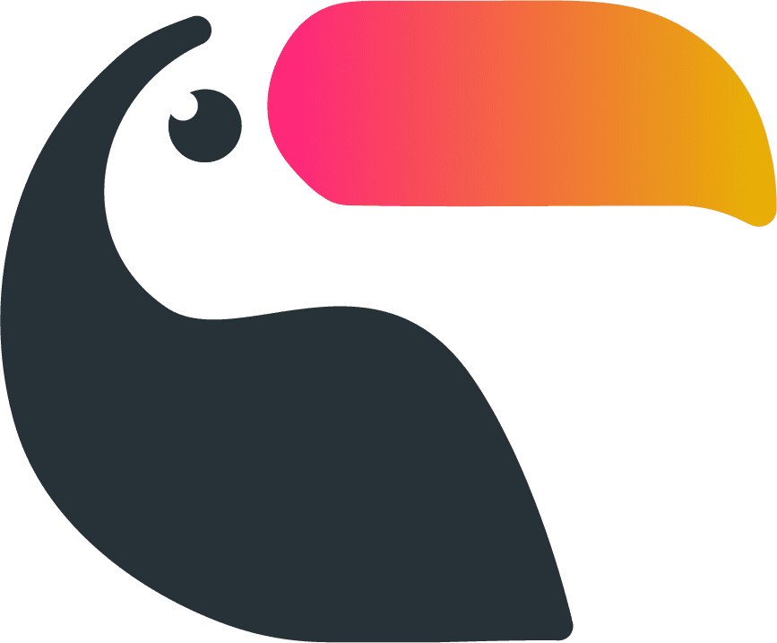 Stylized toucan logo with a black body and a gradient orange and pink beak, used for Toucan Events branding.