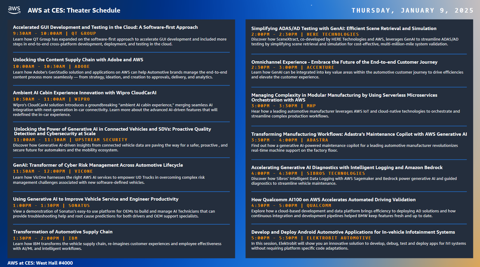 Theater schedule for AWS at CES 2025 on Thursday, January 9, listing presentation topics and times for automotive, generative AI, cloud, and supply chain solutions with AWS partners and technologies.