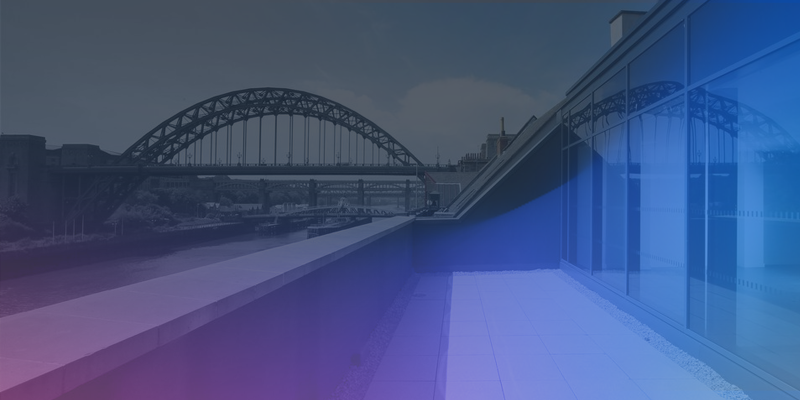 A modern riverside building with large windows, a rooftop terrace, and a view of an arched bridge over the river. The image features a blue and purple gradient overlay.