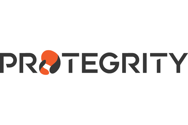 "Protegrity logo with bold black text and an orange and black abstract shield design replacing the 'O'."