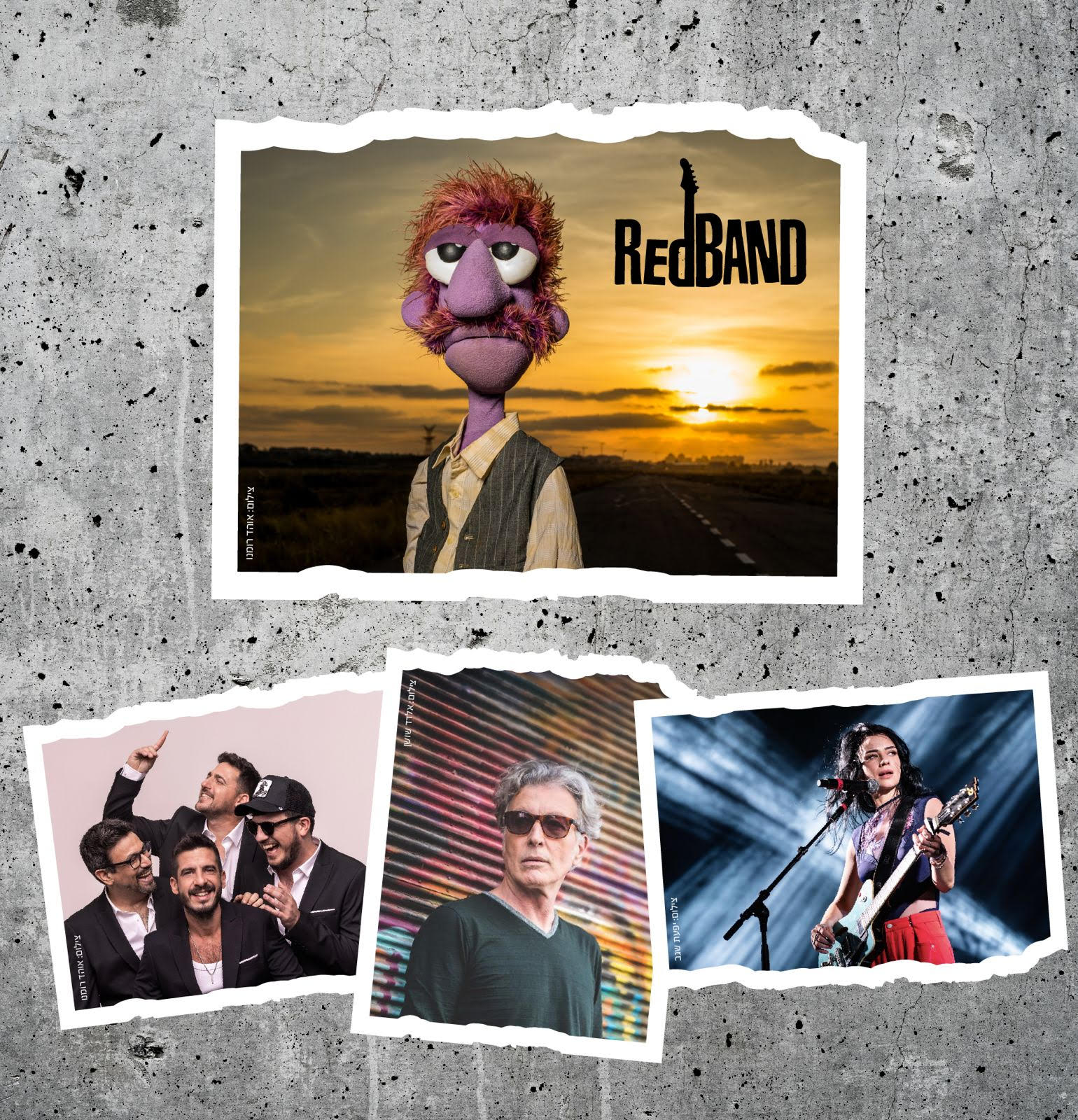 A collage on a concrete background featuring a puppet character from 'RedBand' at sunset, a group of four men in suits, a middle-aged man with sunglasses, and a female guitarist performing on stage.