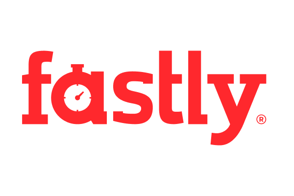 The logo for Fastly, featuring the company name in red lowercase letters with a stopwatch design incorporated into the 'a'.