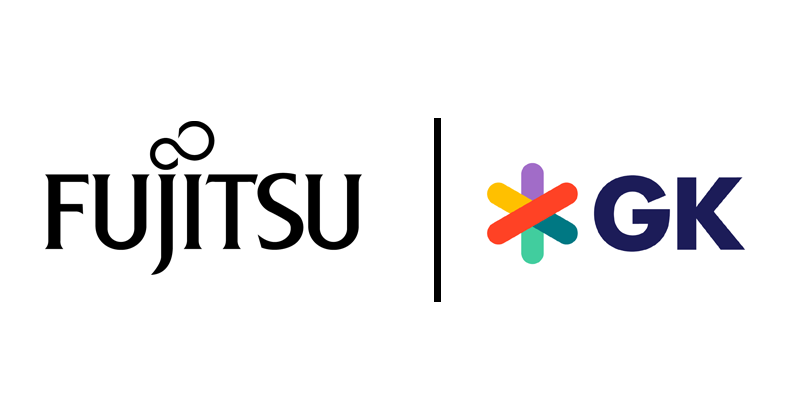 Logos of Fujitsu and GK separated by a vertical line, with the GK logo featuring colorful intersecting bars, used for NRF 2025 event branding.
