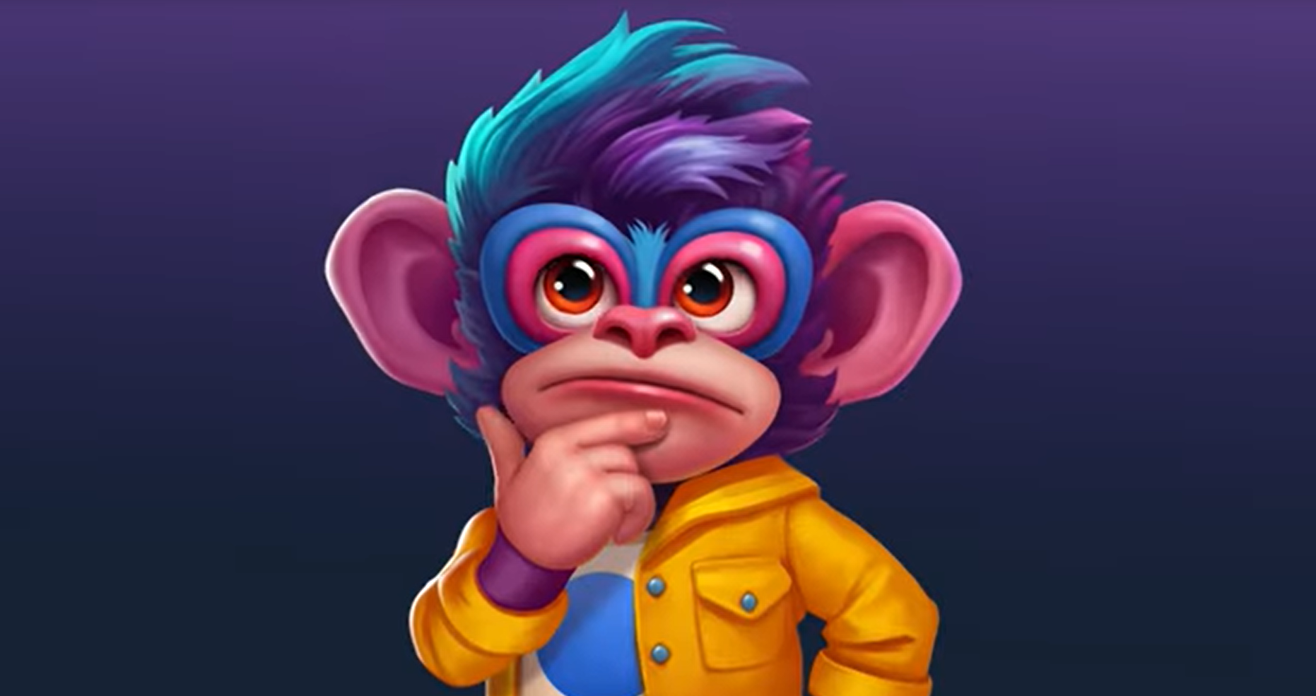 A colorful cartoon monkey character with blue and purple fur, large pink ears, and big expressive eyes, wearing a yellow jacket with a white shirt, shown with a thoughtful expression and hand on its chin, on a purple background.