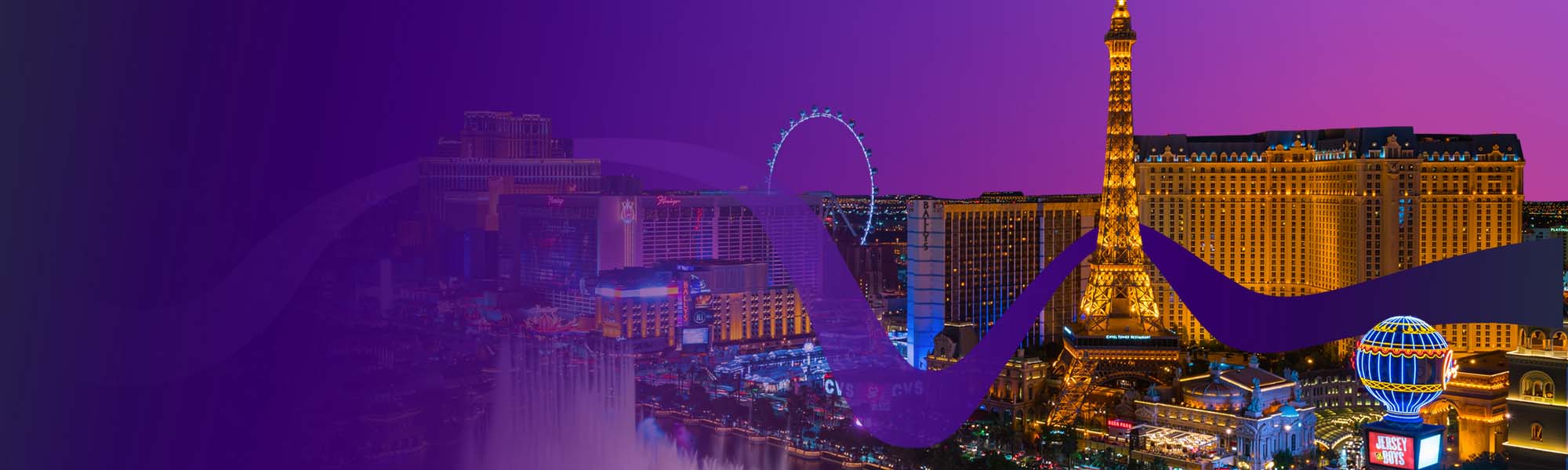 Las Vegas Strip at night featuring illuminated landmarks like the Eiffel Tower replica and Ferris wheel, with a purple gradient overlay.