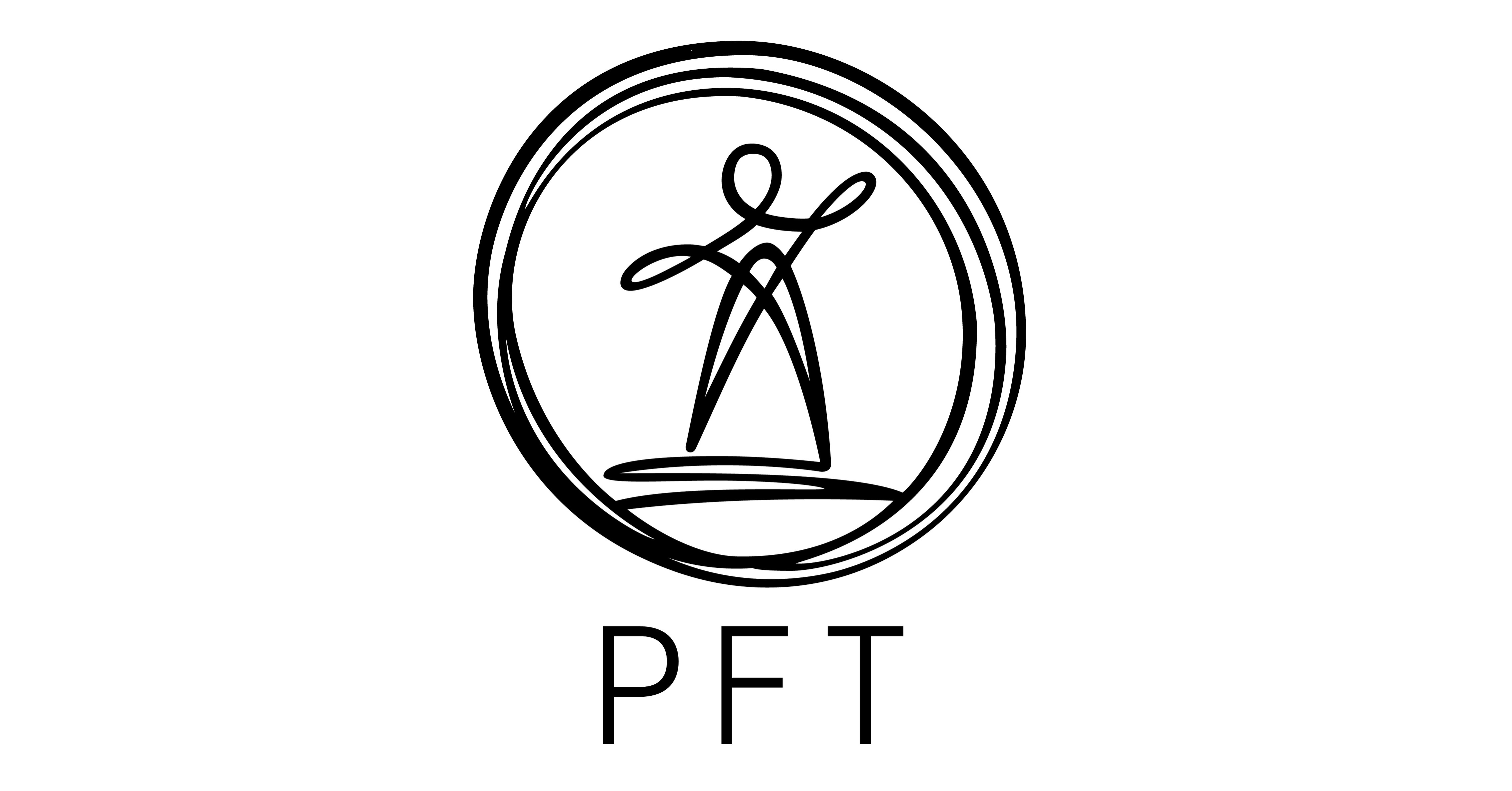 Prime Focus Technologies (PFT) logo in black and white, featuring a stylized human figure and circular design, with the text 'PFT' below the graphic.