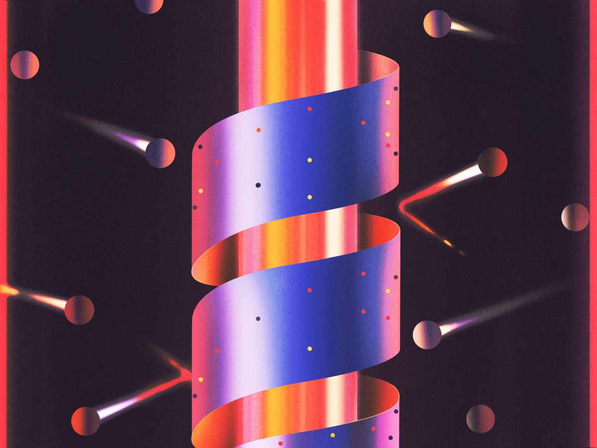 Abstract illustration featuring a vibrant spiral ribbon with colorful dots and glowing elements, representing AWS security concepts and innovation.