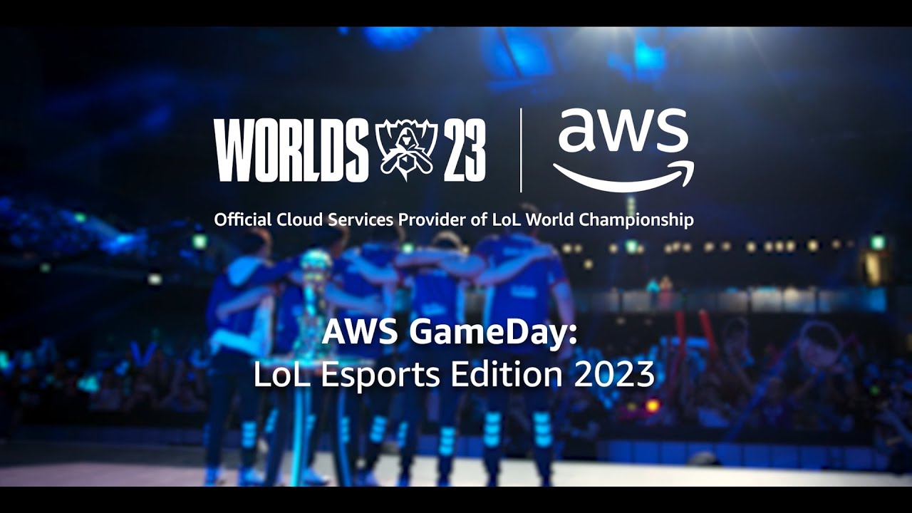"LoL World Championship 2023 branding with AWS as the official cloud provider, featuring a blurred team huddle and trophy on stage."
