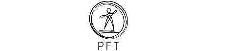 Black and white logo with a stylized human figure inside a double circle and the letters 'PFT' below the design.