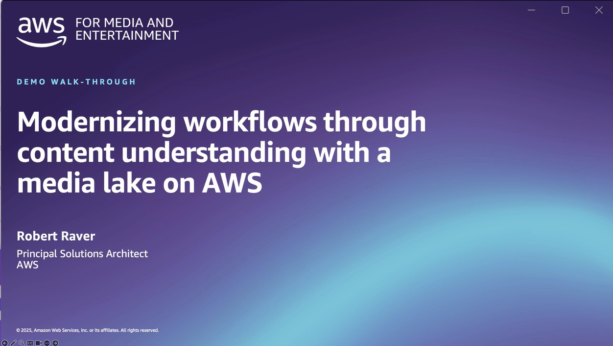 Slide titled 'Modernizing workflows through content understanding with a media lake on AWS' for AWS Media and Entertainment, demo walk-through by Principal Solutions Architect Robert Raver, displayed on a purple and blue gradient background.