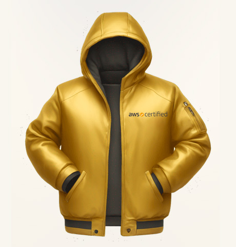 A golden hooded jacket with the AWS Certified logo on the chest, often used as promotional swag for AWS certification events.