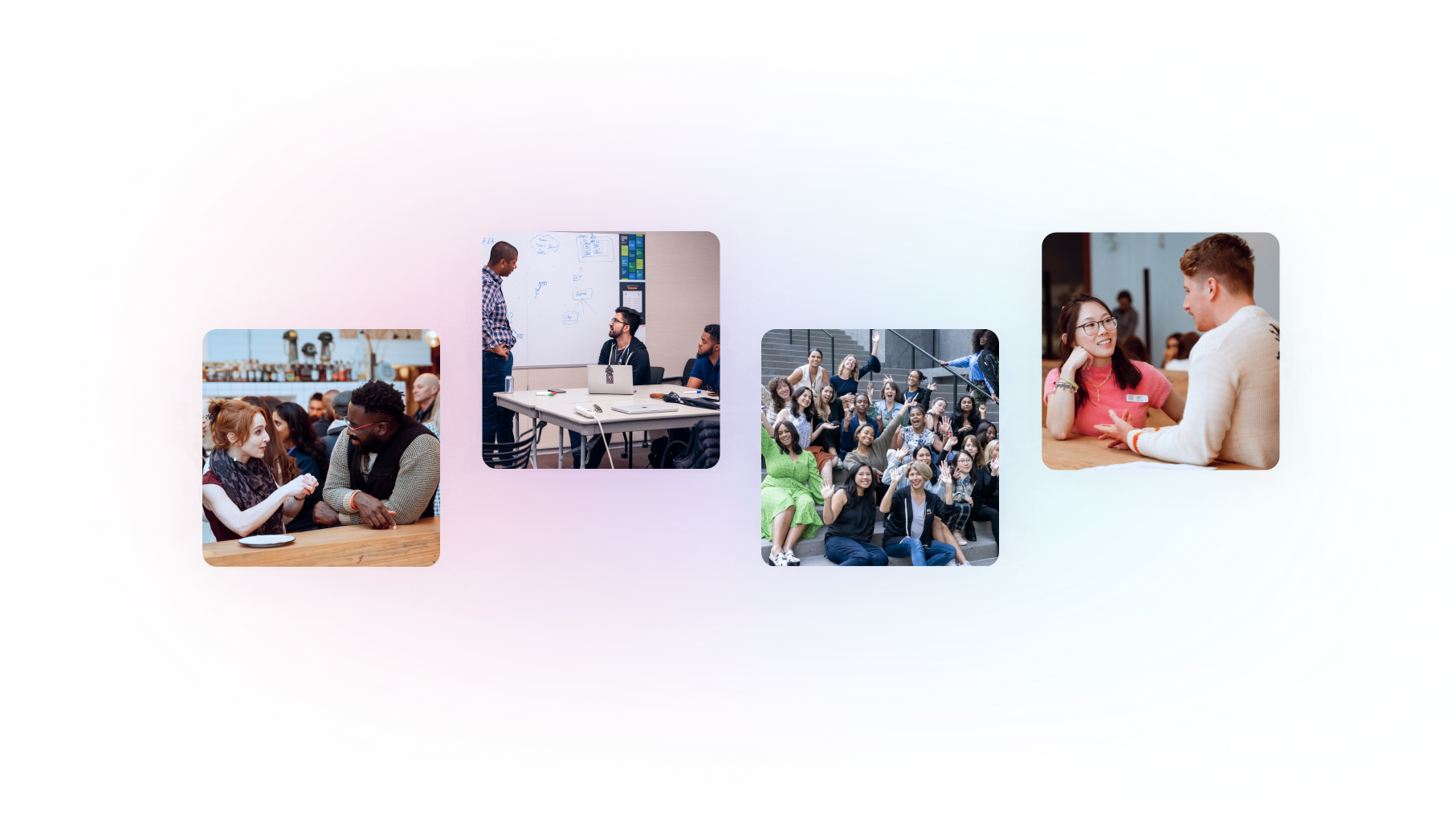 a collection of four separate, square-framed photographs arranged horizontally across a gradient background.