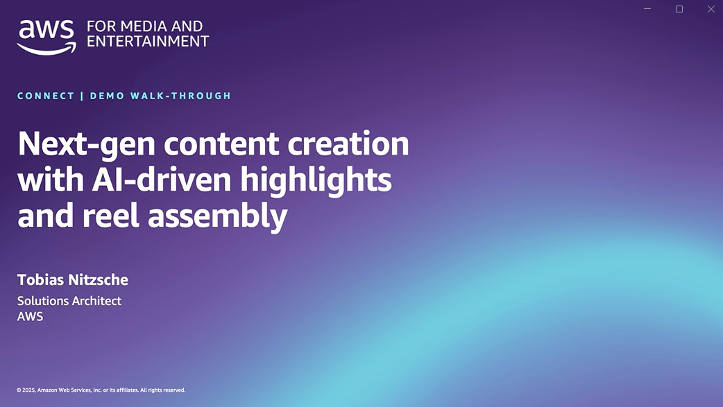 Slide titled 'Next-gen content creation with AI-driven highlights and reel assembly' for an AWS Media & Entertainment Connect demo walk-through, presented by Tobias Nitzsche, Solutions Architect, AWS.