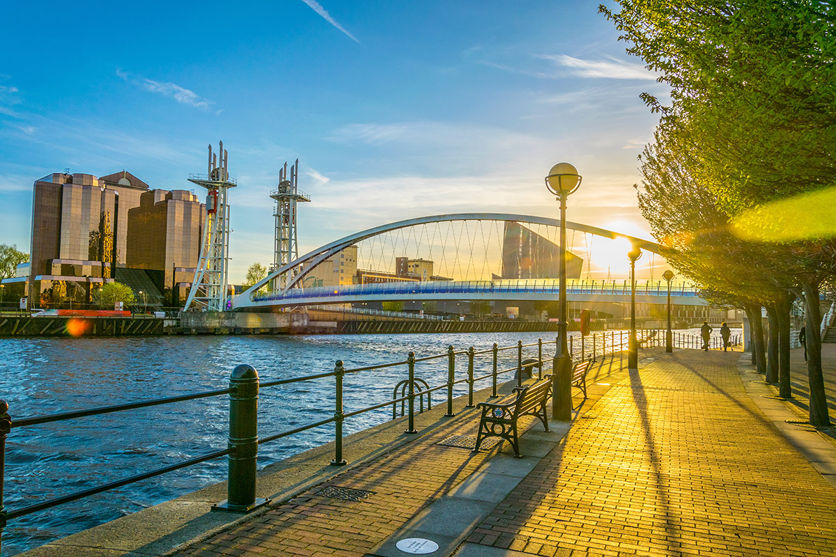 View of a footbridge in Salford quays in Manchester, England
