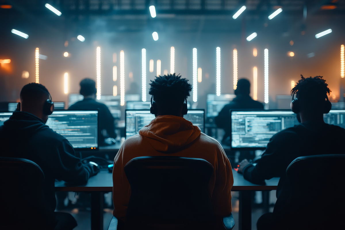 COPYSPACE PHOTO, futuristic strong highlight style, Multiethnic friends competing in a cyber Games Tournament as professional esports gamers --ar 3:2 --style raw --personalize op2vv8q --stylize 200 --v 6.1 Job ID: dc74e47e-ea87-46a4-ba5e-45fda1befe22