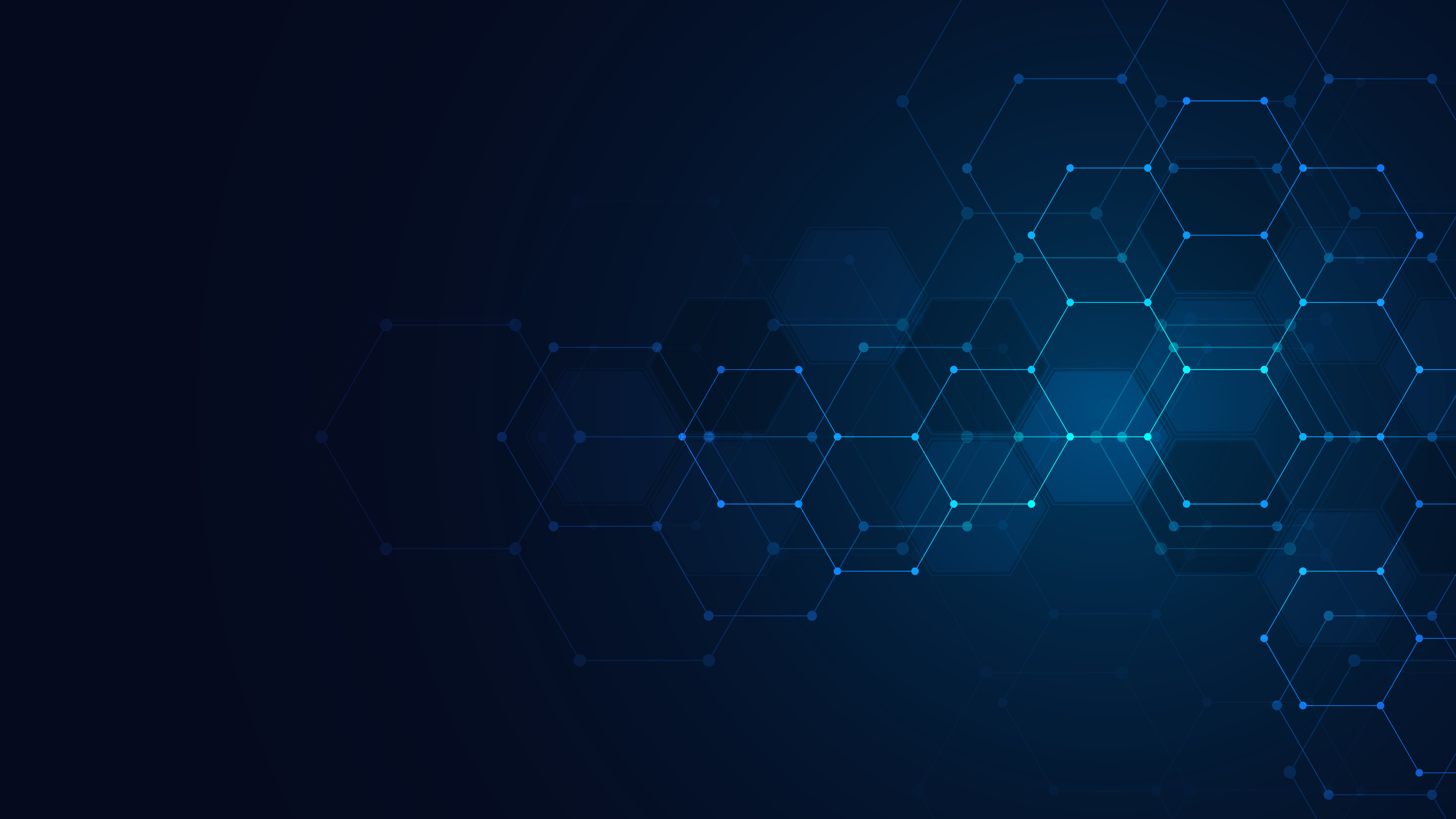 A dark blue abstract background featuring interconnected hexagonal shapes, commonly used for technology and digital innovation themes.