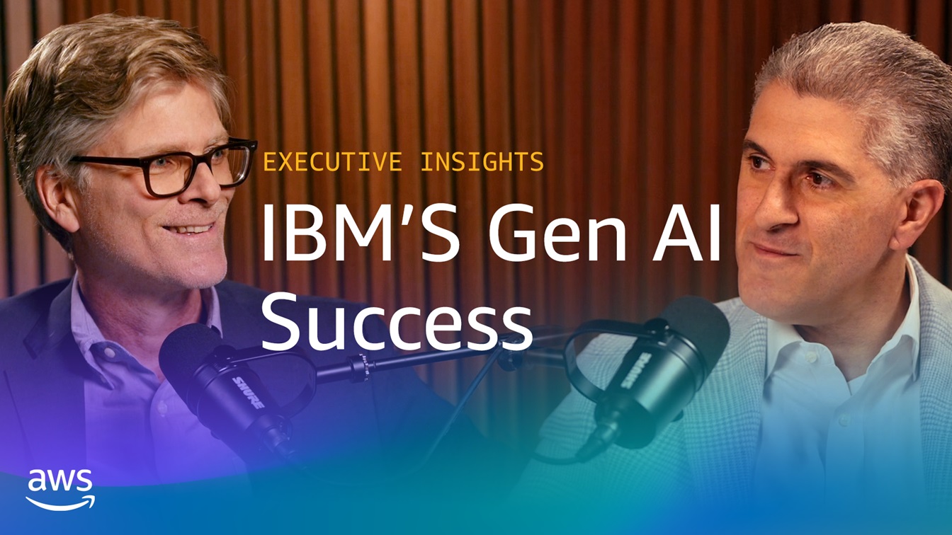 Text overlay reads "Executive Insights: IBM's Gen AI Success" with two microphones in the foreground and a wooden panel background.