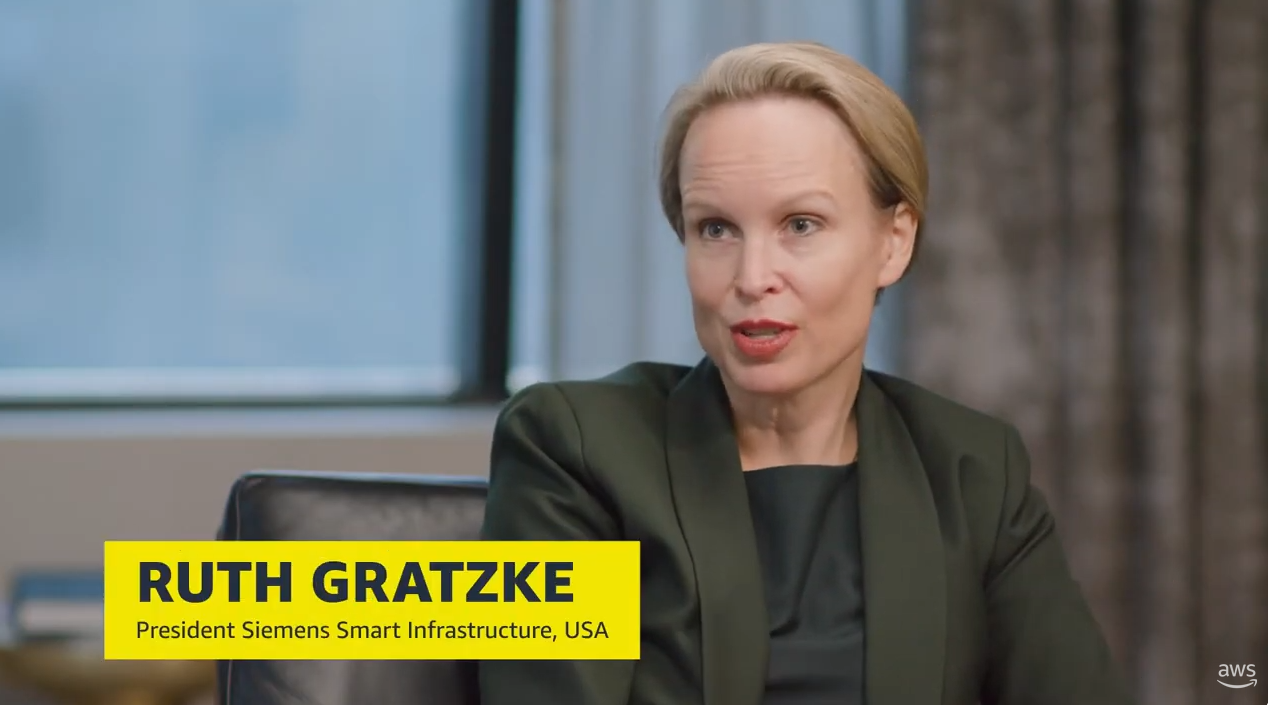 Ruth Gratzke, President of Siemens Smart Infrastructure, USA, with her name and title displayed in bold yellow text.