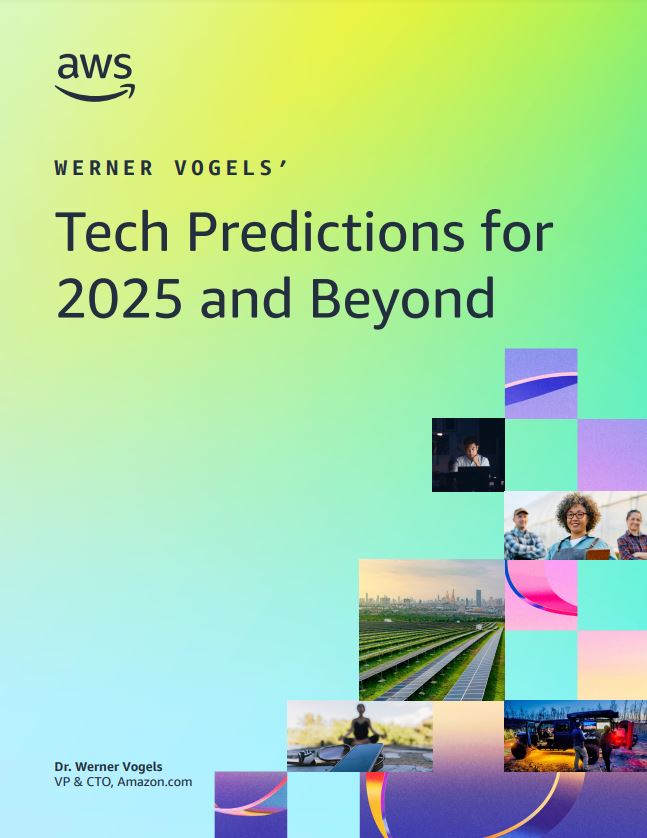 "Cover image for 'Tech Predictions for 2025 and Beyond' by Werner Vogels, featuring a gradient background, abstract designs, and small images of technology, landscapes, and people."