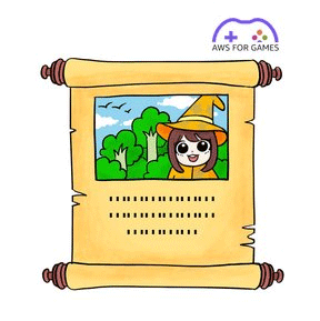 An illustrated quest scroll featuring a whimsical drawing of a character in a wizard hat, trees, and sky. The scroll includes lines of text and an 'AWS for Games' logo in the upper right corner.
