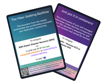 Two illustrated chaos event cards from the AWS BuilderCards Resilience Expansion deck, featuring playful disaster and mitigation scenarios related to AWS Elastic Disaster Recovery (DRS) and container services such as Amazon ECS and Amazon EKS.
