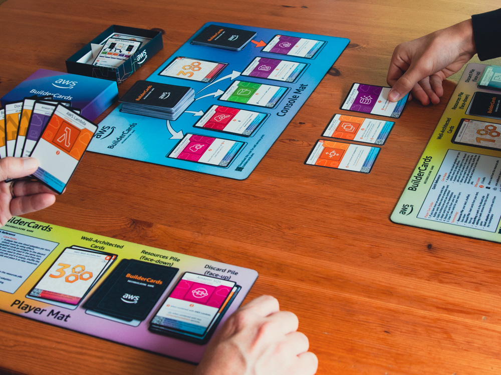Two people playing the AWS BuilderCards board game on a wooden table, with cards and game mats featuring AWS cloud services and resources. The focus is on gameplay and educational engagement with AWS concepts.