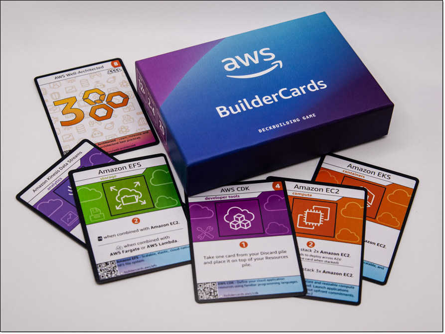 A set of AWS BuilderCards from the deckbuilding game is displayed alongside the branded game box. The cards feature AWS services like Amazon EC2, Amazon EKS, Amazon EFS, AWS CDK, and more, each with unique illustrations and instructions. The box prominently displays the name 'AWS BuilderCards' on a blue and purple gradient background.