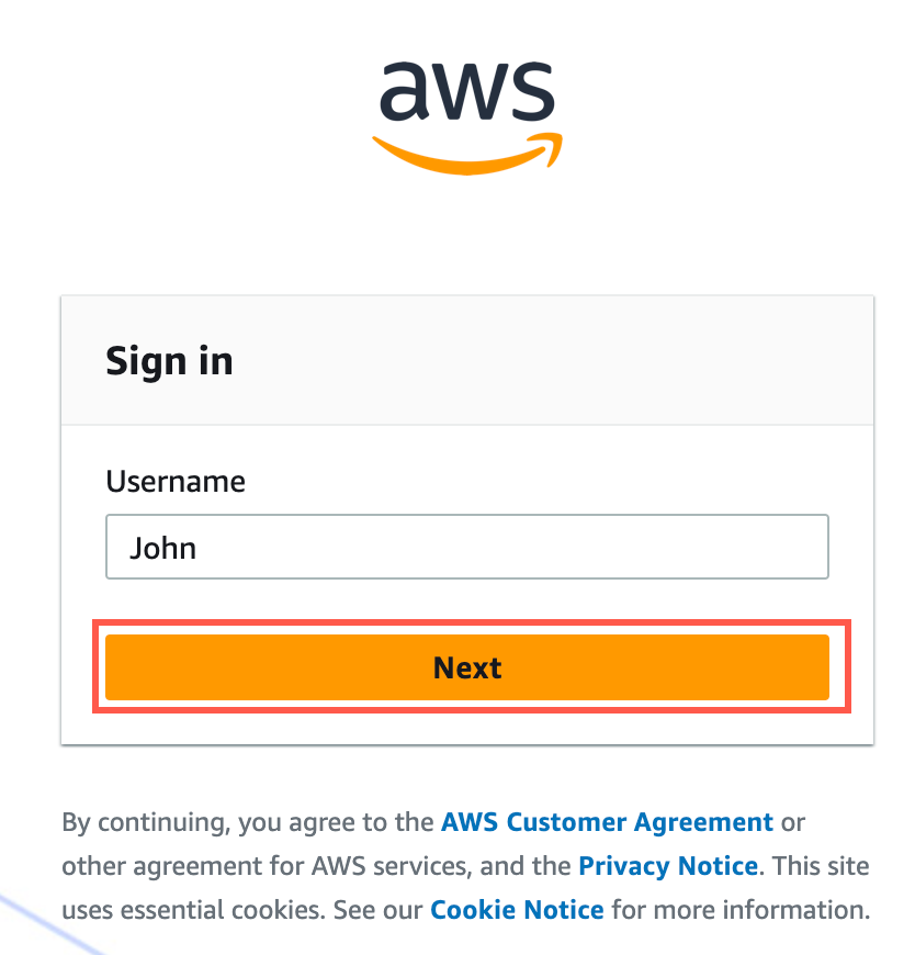 "Amazon Web Services (AWS) sign-in page with 'John' entered in the username field and an orange 'Next' button below."