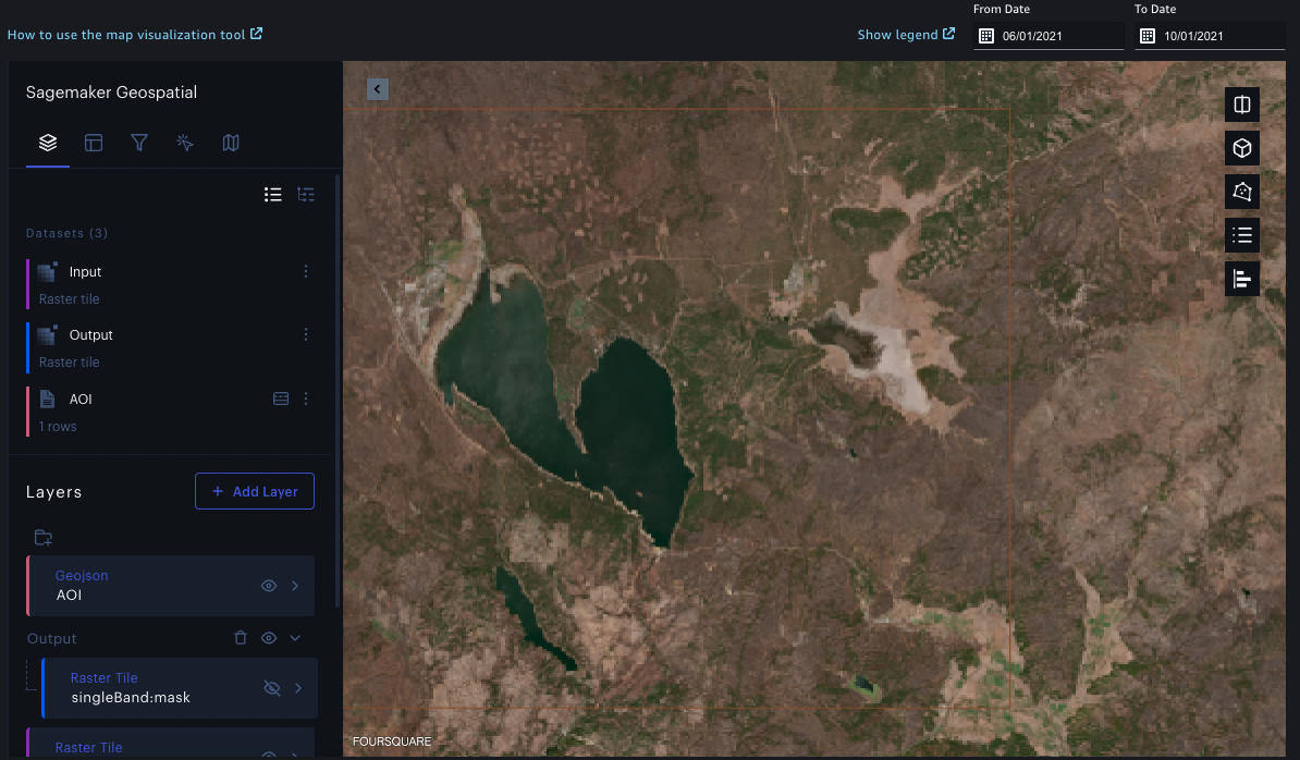 Screenshot of the Amazon SageMaker Geospatial map visualization tool interface showing multiple data layers and a satellite view of terrain, with visible UI elements for managing datasets and layers.