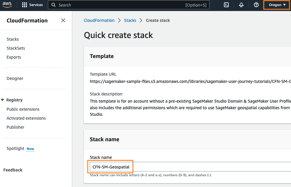 Screenshot of the AWS CloudFormation console displaying the 'Quick create stack' page for a SageMaker geospatial stack in the Oregon region. Shows stack name 'CFN-SM-Geospatial' and template description for setting up SageMaker Studio Domain with geospatial capabilities.