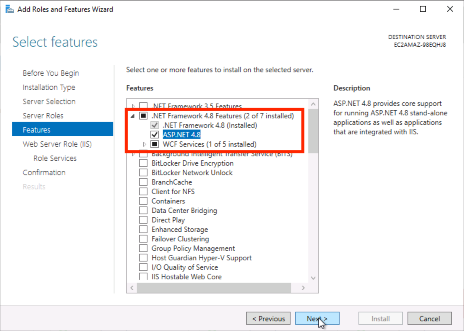 Screenshot of the "Add Roles and Features Wizard" in Windows Server, showing .NET Framework 4.8 features selected, including ASP.NET 4.8 and WCF Services.