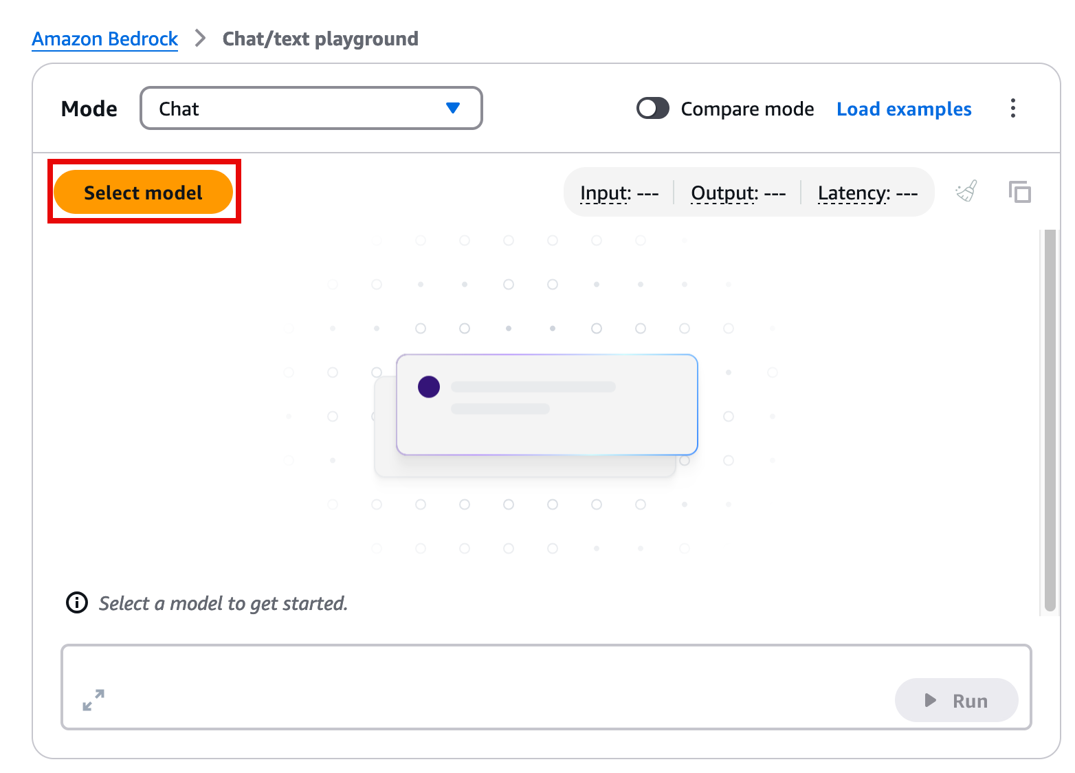 Alt-text: Amazon Bedrock interface showing a "Select model" button highlighted in orange, with options for input, output, and latency.