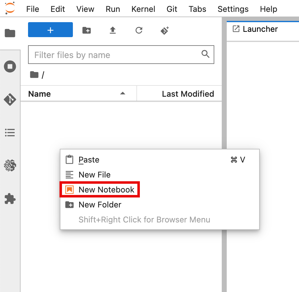 Alt-text: A JupyterLab interface showing a context menu with the "New Notebook" option highlighted in red.