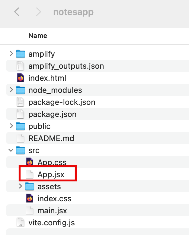 File directory structure of a "notesapp" project, with "App.jsx" highlighted in the "src" folder.