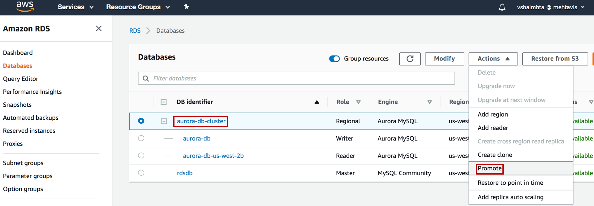 "Amazon RDS dashboard showing a list of databases, with 'aurora-db-cluster' selected and the 'Promote' option highlighted in the Actions dropdown menu."