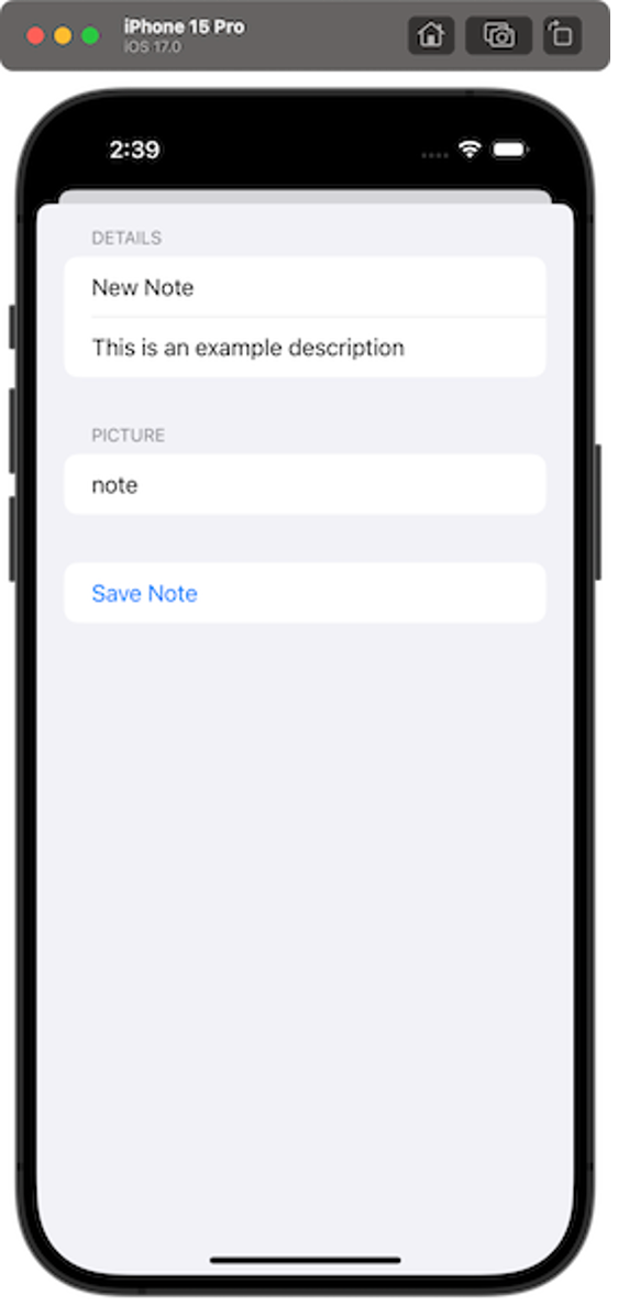 Screenshot of an iOS app tutorial showing the 'Create Note' screen using AWS Amplify. The image displays an input form with fields for note details and picture, along with a 'Save Note' button, running in an iPhone simulator.