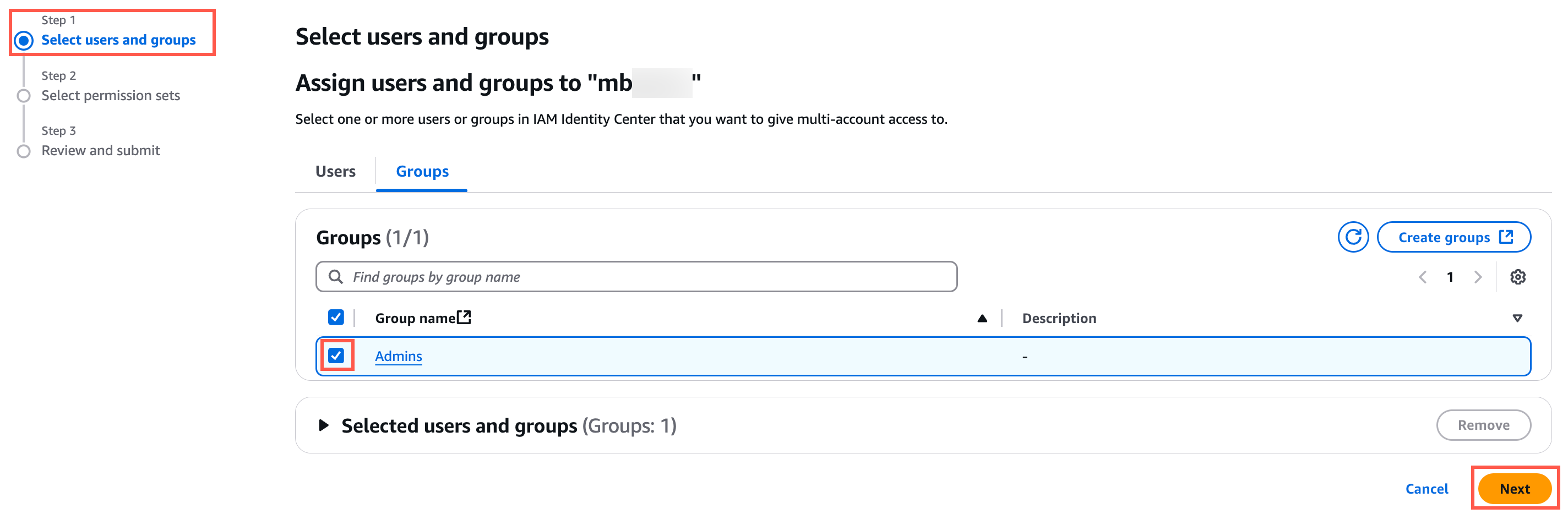 Alt-text: "IAM Identity Center interface showing Step 1: Select users and groups, with the 'Admins' group selected and the 'Next' button highlighted."
