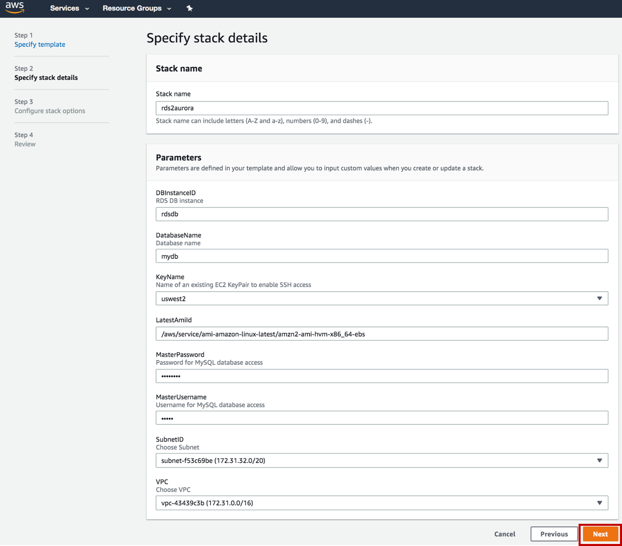 AWS CloudFormation "Specify stack details" page with fields for stack name, parameters like DBInstanceID, DatabaseName, KeyName, and VPC, and a "Next" button highlighted.