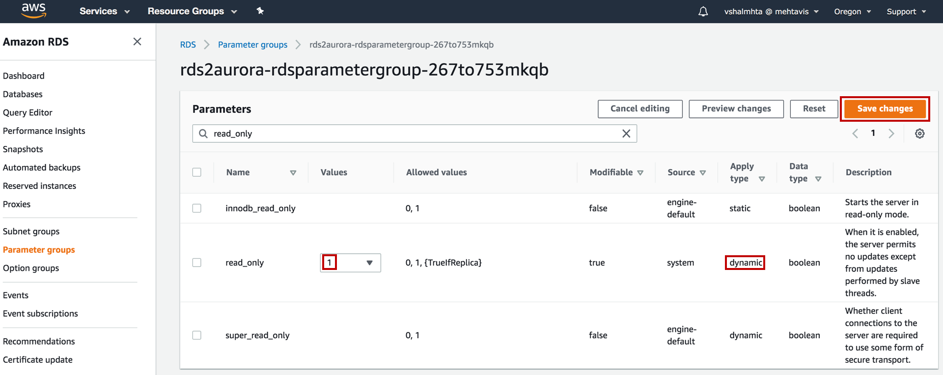 Alt-text: Amazon RDS interface showing parameter group settings with "read_only" parameter set to 1 and highlighted "Save changes" button.