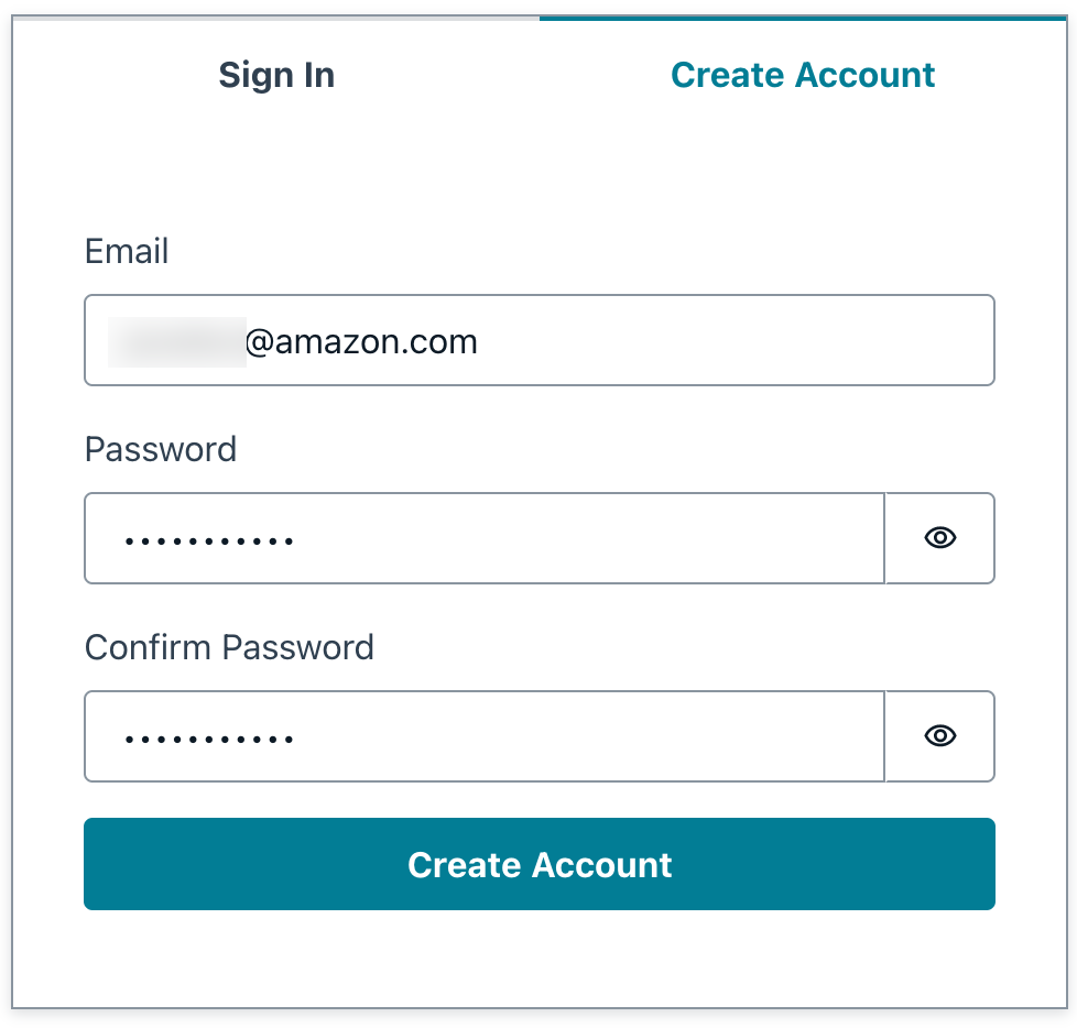Screenshot of a web form for creating an account, showing fields for email, password, and confirm password, with 'Create Account' button highlighted.