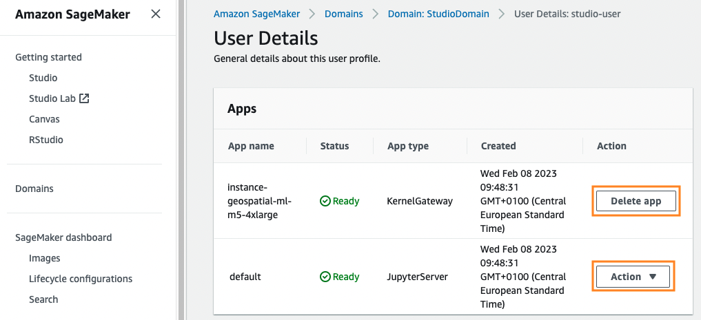 Screenshot of the Amazon SageMaker 'User Details' interface showing app management options, including a list of user apps with status, type, creation time, and available actions such as delete and action menu.